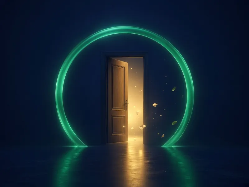 An open door spilling warm light inside a glowing green ring