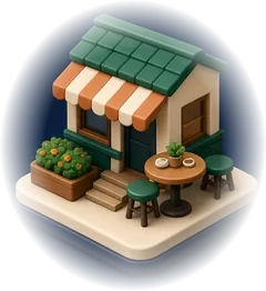 Tiny cafe with a striped awning